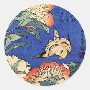 Sticker Rond Fleurs et oiseau, Hokusai