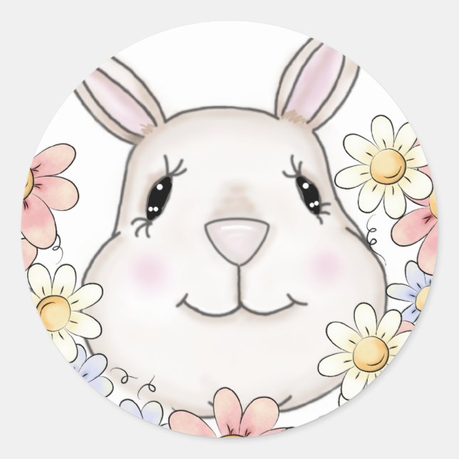 Sticker Rond Fleurs et papillons lapins mignons (Devant)
