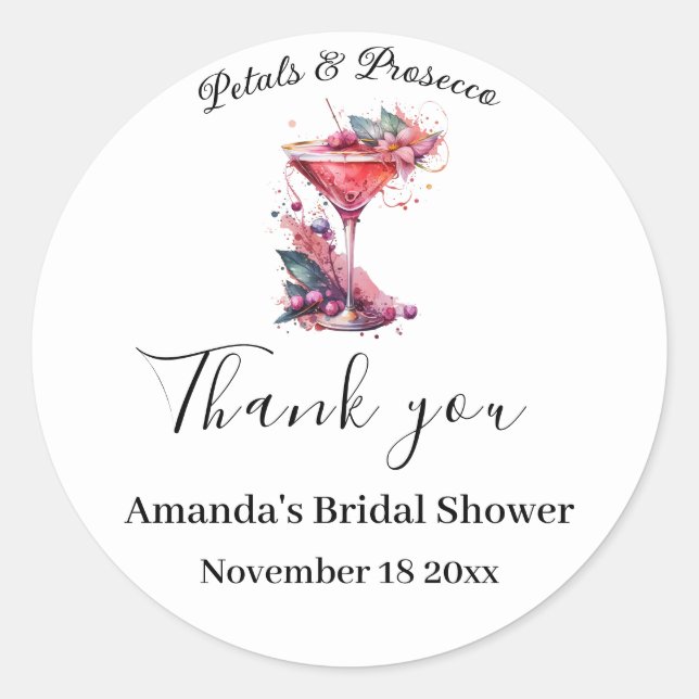 Sticker Rond Fleurs et Prosecco Fête de Mariage Florale Rose  (Devant)