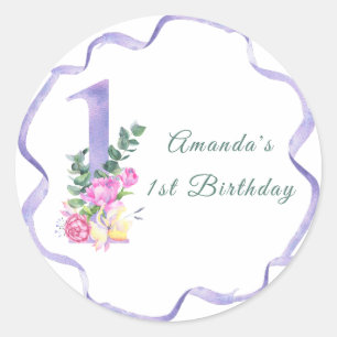 Sticker Rond Fleurs et ruban Première fête d'anniversaire