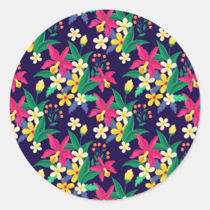 Sticker Rond Fleurs Exotiques Colorées Motif Feuilles-23021