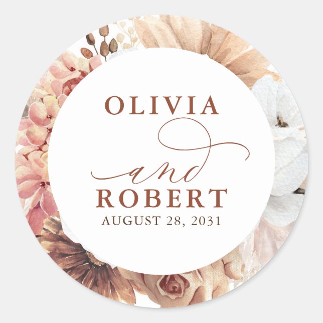 Sticker Rond Fleurs exotiques en terre cuite Boho Mariage botan (Devant)