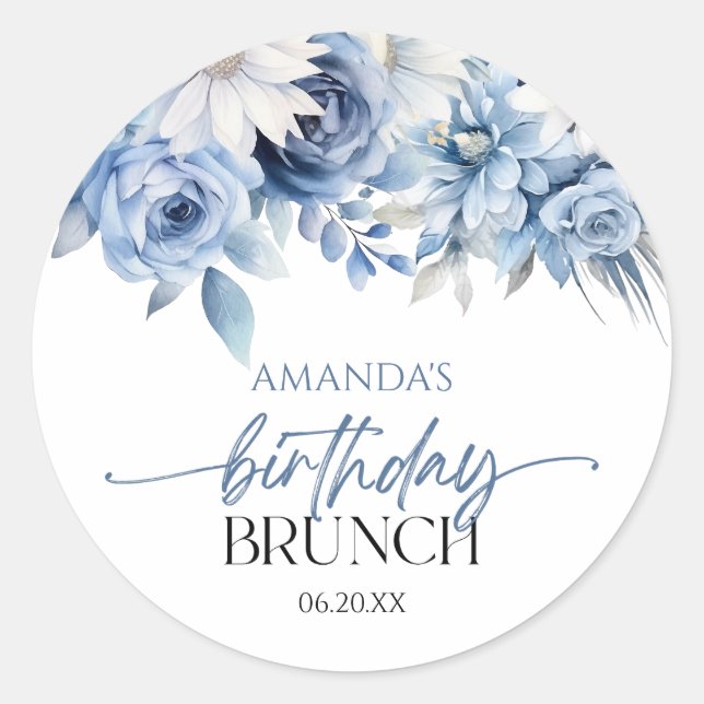 Sticker Rond Fleurs florales bleu Dusty Anniversaire Brunch Par (Devant)