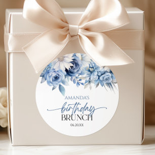 Sticker Rond Fleurs Florales Bleu Poussiéreux Anniversaire Brun