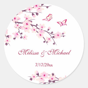 Sticker Rond Fleurs florales de cerisier rose blanc Mariage p