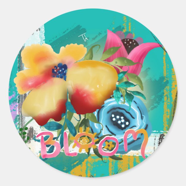 Sticker Rond Fleurs florales de printemps BLOOM peintes à la ma (Devant)