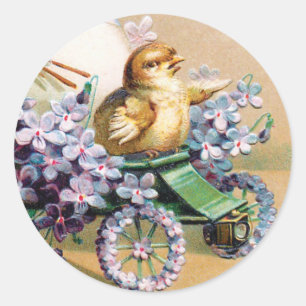 Sticker Rond Fleurs florales vintages de poussins de Pâques