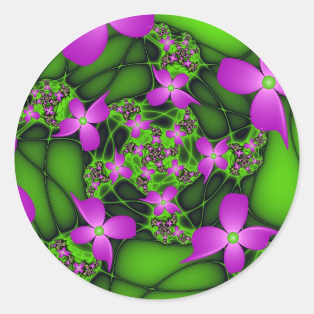 Sticker Rond Fleurs fractales Abstraites de néon rose vert (Devant)