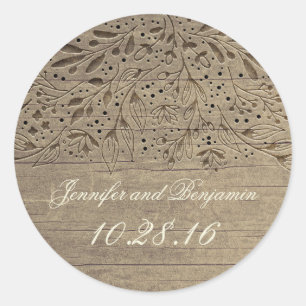Sticker Rond Fleurs gravées rustiques Mariage en bois