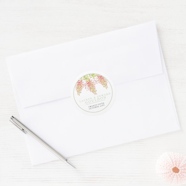 Sticker Rond Fleurs Grevillea aquarelle mariage vert blanc (Enveloppe)