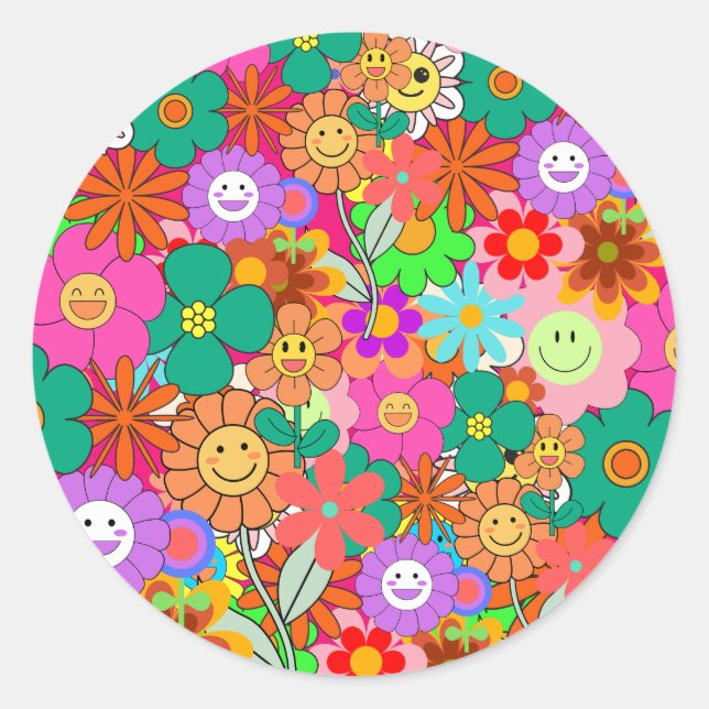 Sticker Rond Fleurs hippies Boho Super rétros (Devant)