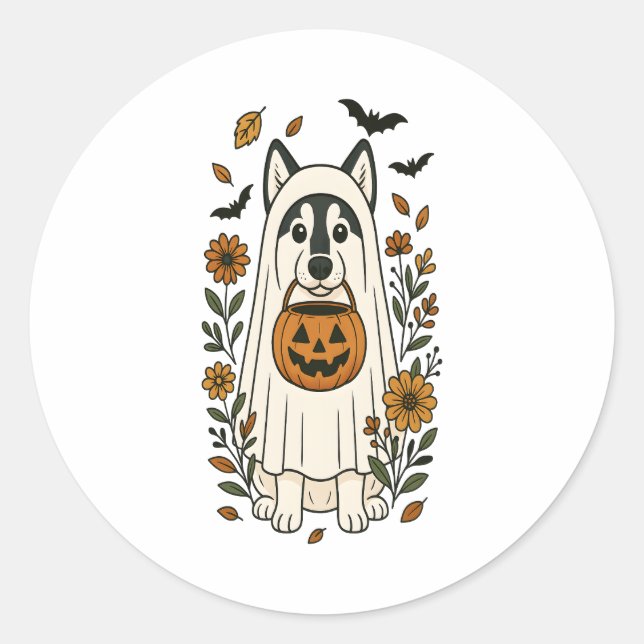 Sticker Rond Fleurs Husky Sibériennes d'Halloween (Devant)