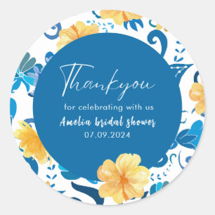 Sticker Rond Fleurs jaunes italiennes bleu shower de mariage 