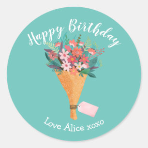 Sticker Rond fleurs joyeux bouquet d'anniversaire emballage cad