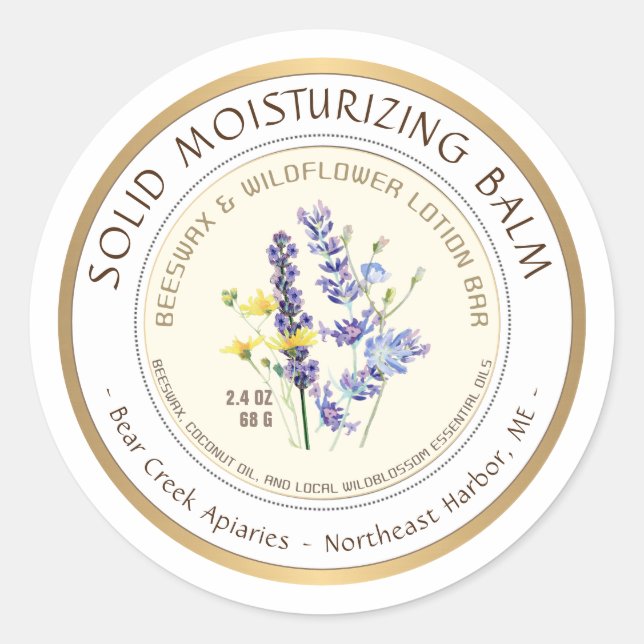 Sticker Rond Fleurs locales Beeswax Lotion Bar Gold Border (Devant)