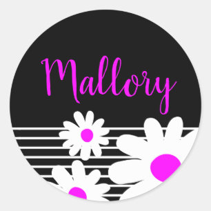 Sticker Rond Fleurs marguerites roses mignonnes Nom noir et bla