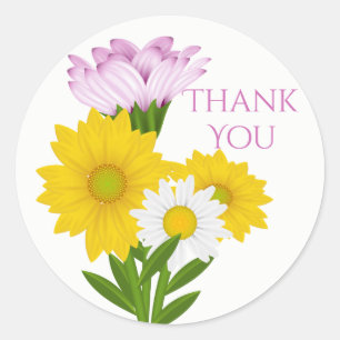 Sticker Rond Fleurs marguerites violettes Merci jaune tournesol