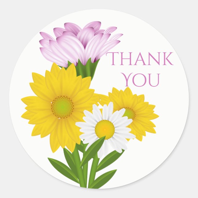 Sticker Rond Fleurs marguerites violettes Merci jaune tournesol (Devant)