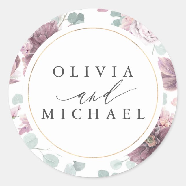 Sticker Rond Fleurs mauves et cadre or Mariage élégant (Devant)