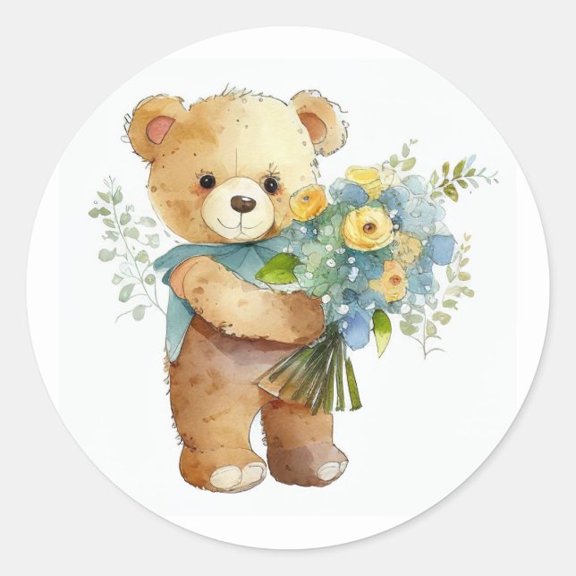 Sticker Rond Fleurs mignonnes pour vous Ours en peluche (Devant)
