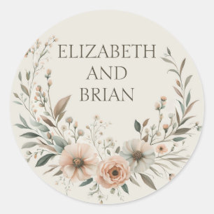 Sticker Rond Fleurs minimalistes de Boho en ivoire et en Blush