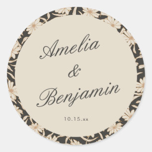 Sticker Rond Fleurs noires ivoire personnalisées pour mariage l