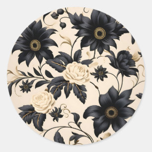 Sticker Rond Fleurs noires sur Motif beige