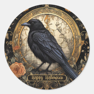 Sticker Rond Fleurs orange de la fête d'Halloween Malheur Corbe