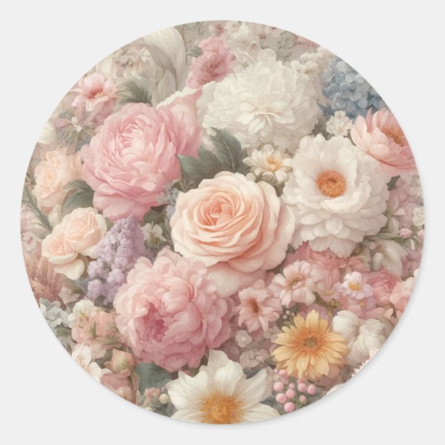 Sticker Rond Fleurs Pastel Shabby Chic Rose Floral Mariage (Devant)