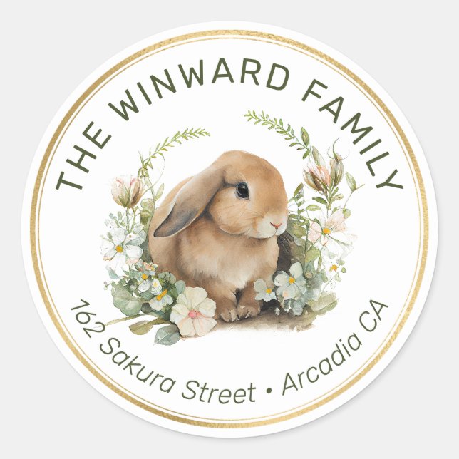Sticker Rond Fleurs printanières et lapin Adresse de retour de  (Devant)