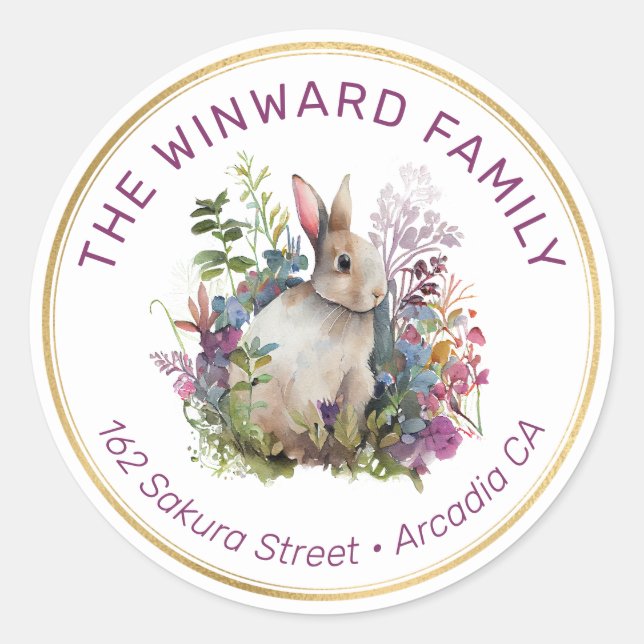 Sticker Rond Fleurs printanières et lapin Adresse de retour de  (Devant)