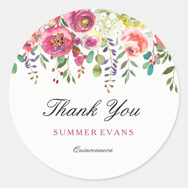 Sticker Rond Fleurs printanières Peach Quinceanera Merci (Devant)