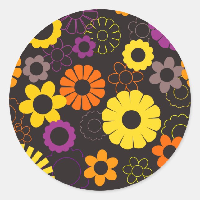 Sticker Rond Fleurs rétro jaunes oranges et violettes (Devant)