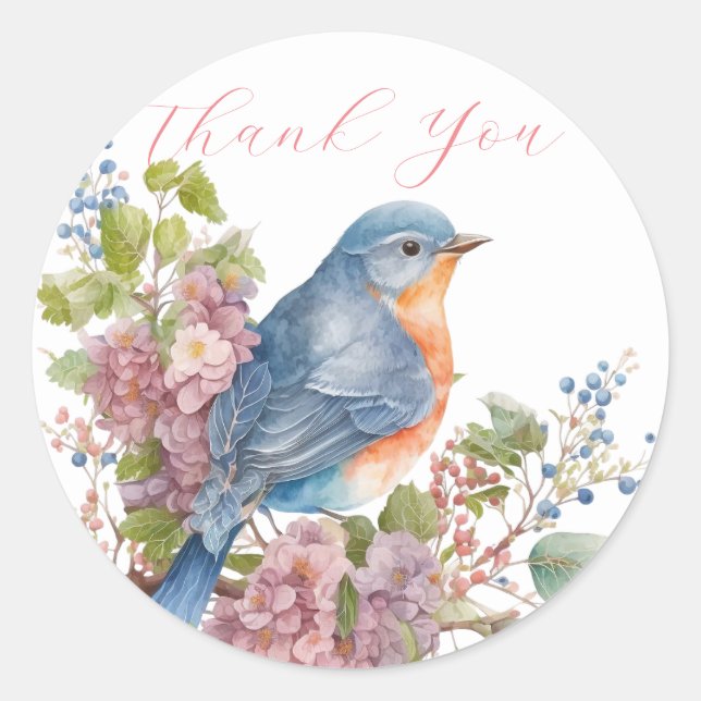 Sticker Rond Fleurs romantiques et oiseau bleu merci (Devant)