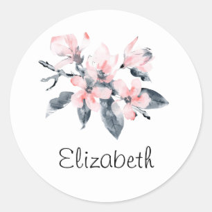 Sticker Rond Fleurs rose et gris Aquarelle classique