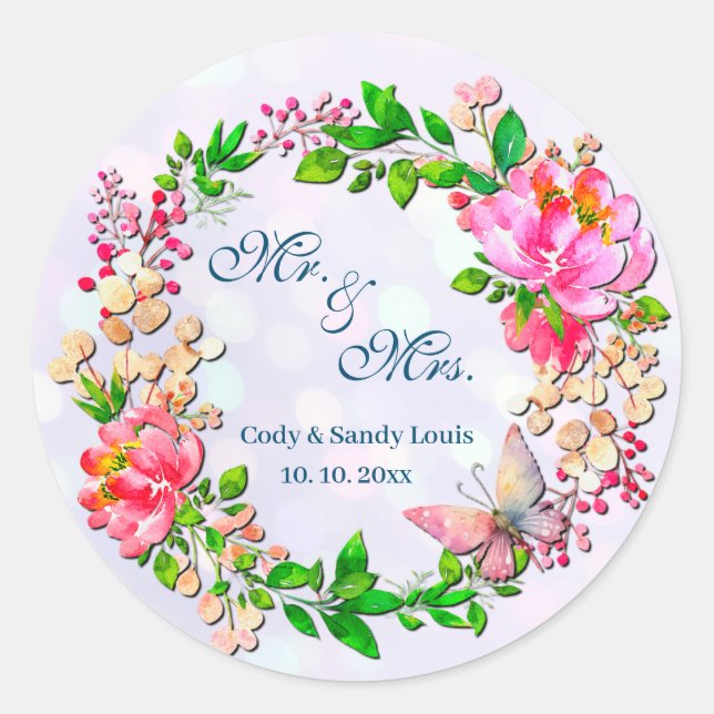 Sticker Rond Fleurs rose et papillon de printemps en aquarelle (Devant)