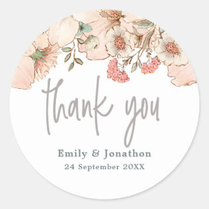 Sticker Rond Fleurs rose pâle Noms de Merci de script gris