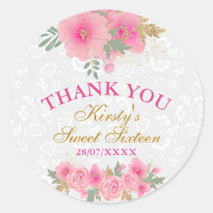 Sticker Rond Fleurs roses à l'aquarelle et or feuille douce 16