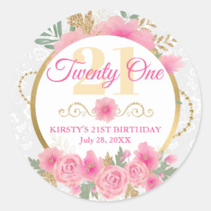 Sticker Rond Fleurs roses aquarelle et fête d'anniversaire en f