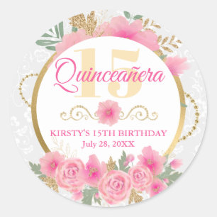 Sticker Rond Fleurs roses aquarelle et Quinceañera feuille d'or