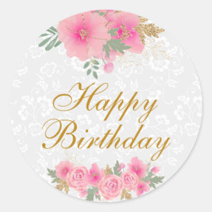 Sticker Rond Fleurs roses aquarelle papier doré Joyeux Annivers