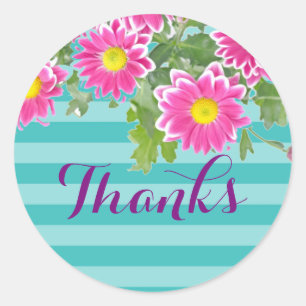 Sticker Rond Fleurs roses de marguerite sur des rayures "mercis