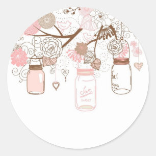 Sticker Rond Fleurs roses de pots de maçon de pays