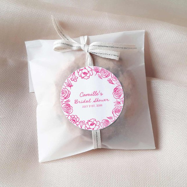 Sticker Rond Fleurs roses dessinées à la main (Pink Floral Hand Drawn Bridal shower stickers)