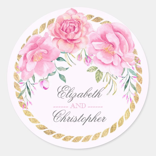 Sticker Rond Fleurs roses Elégantes aquarelles Mariage d'envelo (Devant)