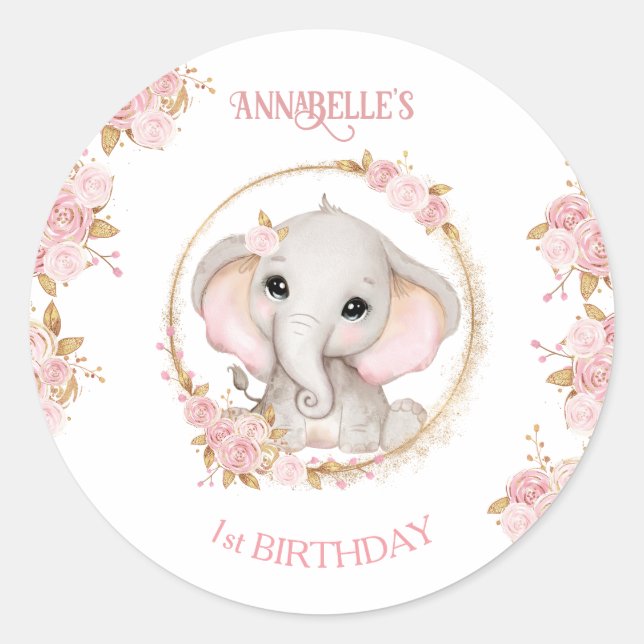 Sticker Rond Fleurs roses Eléphantes mignonnes 1er anniversaire (Devant)