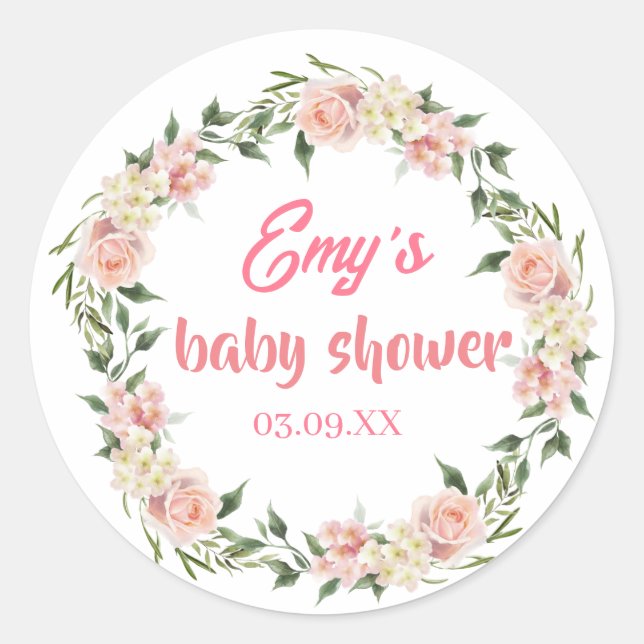 Sticker Rond fleurs roses en fleurs baby shower fille (Devant)