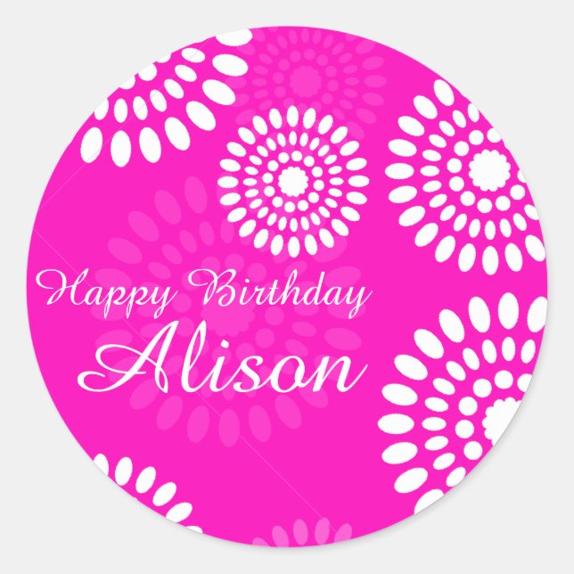 Sticker Rond Fleurs roses estivales Joyeux Anniversaire Nom aut (Devant)