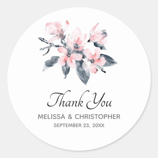 Sticker Rond Fleurs roses et gris Merci d'aquarelle classique (Devant)