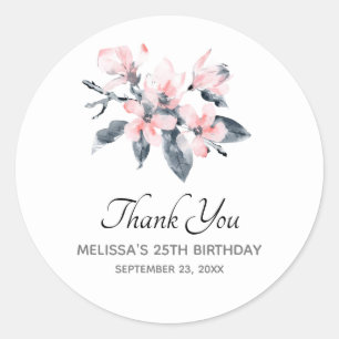 Sticker Rond Fleurs roses et gris Merci d'aquarelle classique